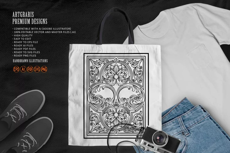 Elegant vintage baroque ornament engraved floral monochrome