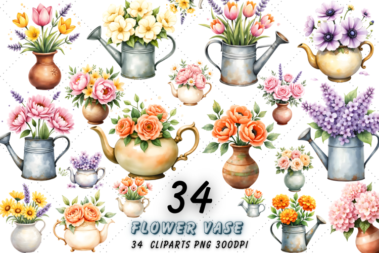 Elegant Watercolor Floral Vase Clipart Collection, PNG