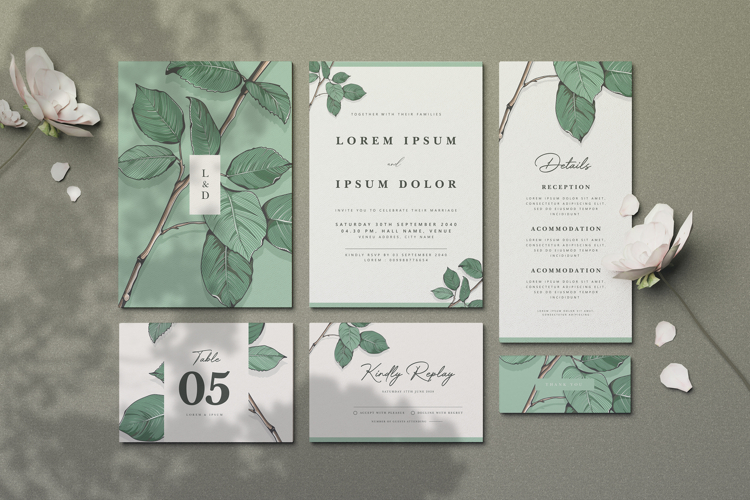 elegant wedding invitation card with leaves decoration