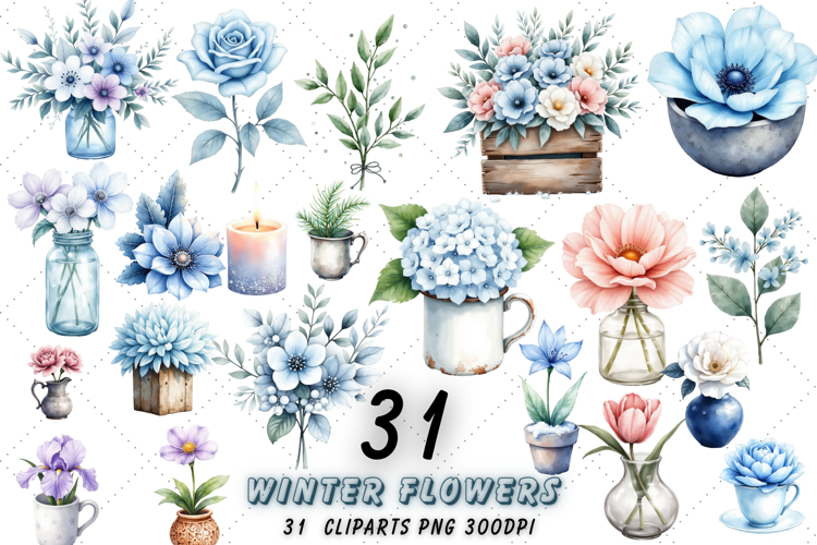 Elegant Winter Flowers Watercolor Clipart Bundle, Winter PNG