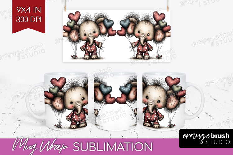 Elephant Valentine Mug Wrap Whimsical Animal Mug PNG