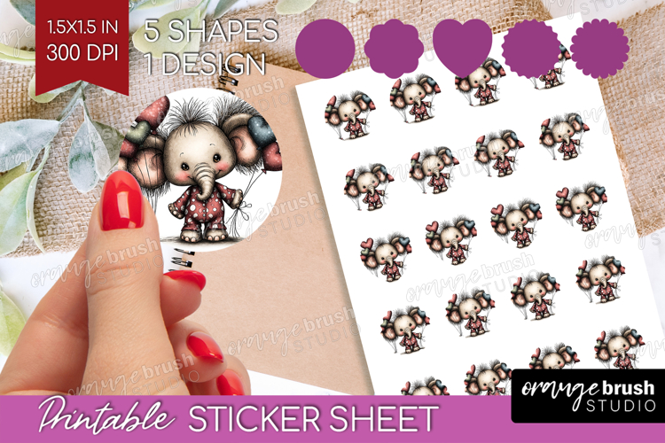 Elephant Valentine Round Sticker Whimsical Animal Printable