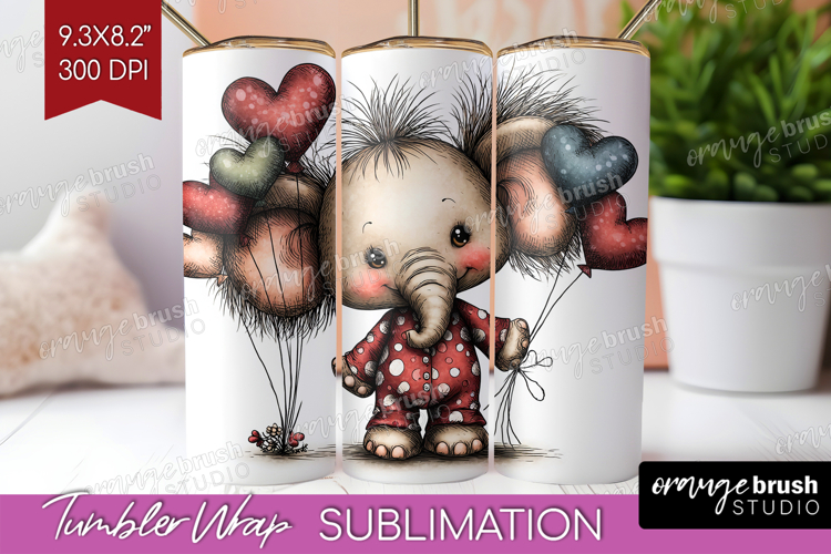 Elephant Valentine Tumbler Wrap Whimsical Animal Tumbler PNG