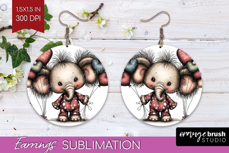 Elephant Valentine Round Earrings Whimsical Animal PNG