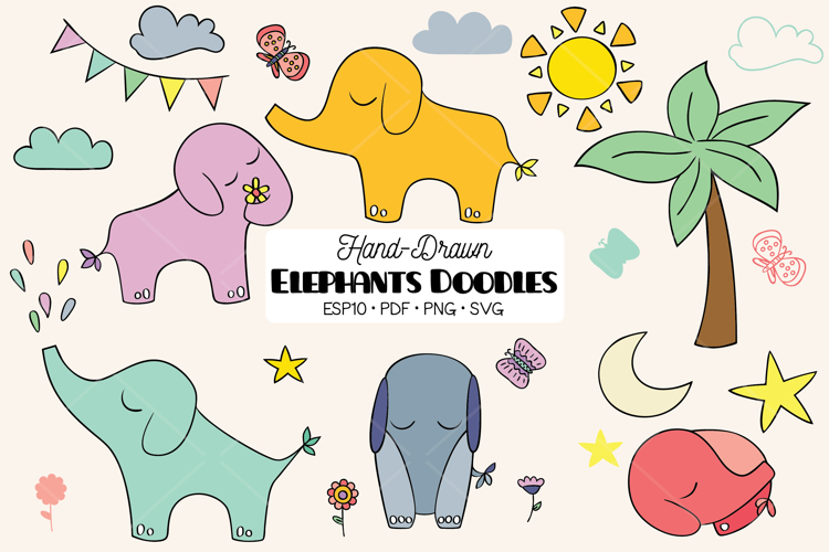 Color Hand Drawn Elephants, Jungle Animal, Sun, Flower, Tree
