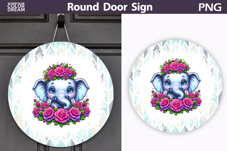 Pink Floral Elephant Door Sign | Cute Round Decor