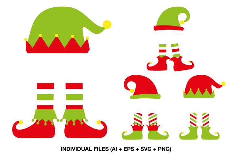 Colorful elf hat and shoes clipart for Christmas gift tags and holiday labels