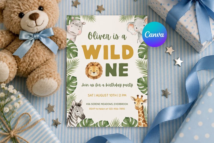 Safari Animal Birthday Invitation Canva Template example image 1
