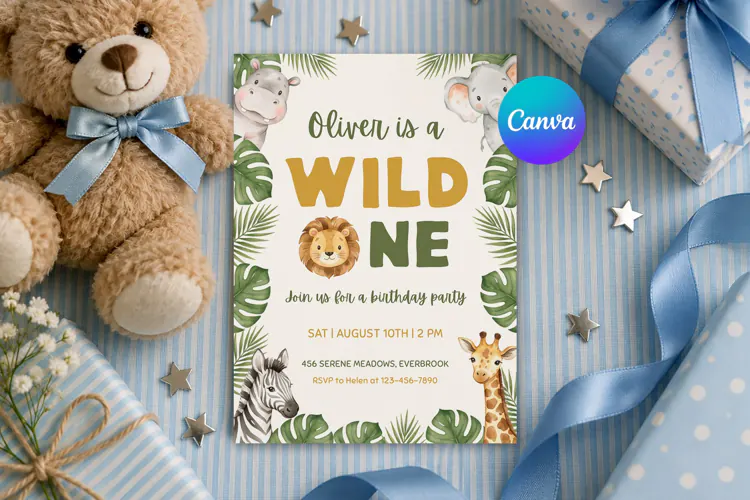 Safari Animal Birthday Invitation Canva Template
