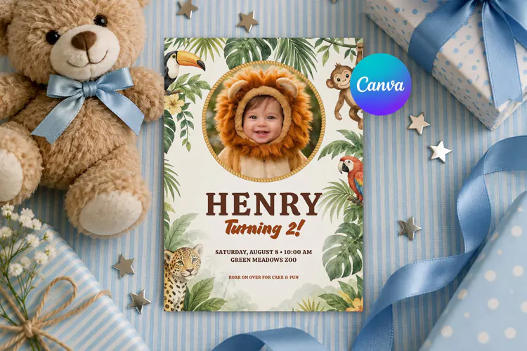Safari Animal Birthday Invitation Template Editable Canva