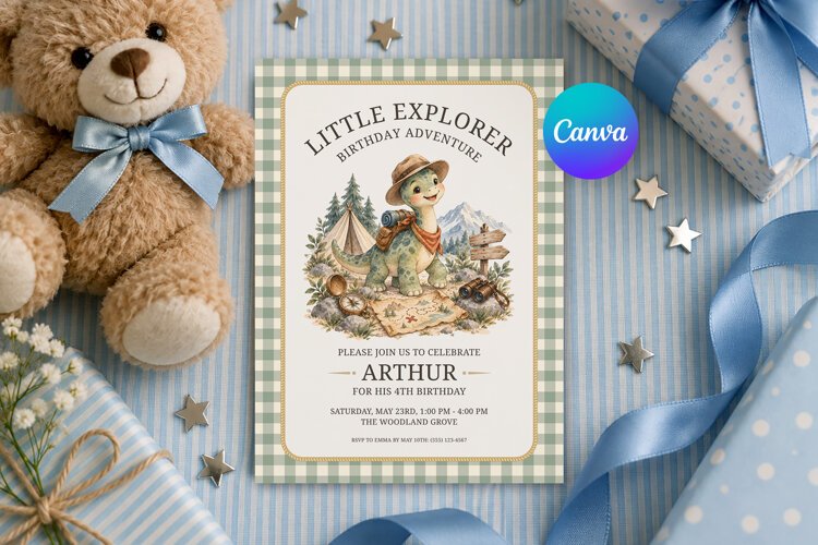 Dino Explorer Birthday Invitation Canva Template example image 1