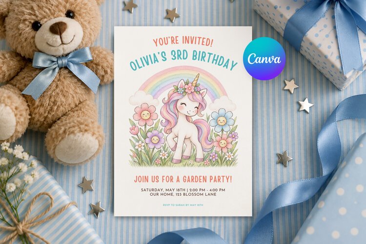 Unicorn Birthday Invitation Template Editable example image 1