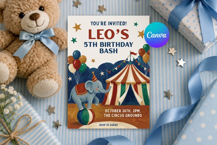 5th Birthday Invitation Circus Template, Editable Canva example image 1