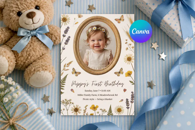 Wildflower Photo Birthday Invitation Canva Template