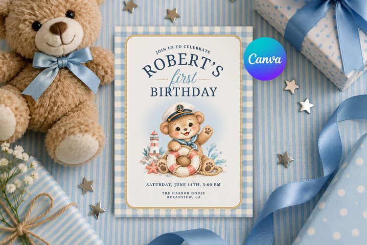 Sailor Teddy Bear Birthday Invitation Template, Canva example image 1