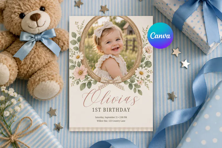 Floral Photo Birthday Invitation Template, Girl Birthday