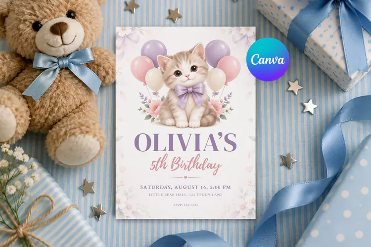 Cute Kitten Birthday Invitation, Editable Canva