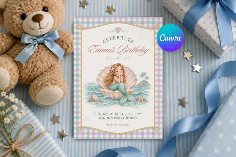 Mermaid Birthday Invitation Template, Pastel Gingham Canva