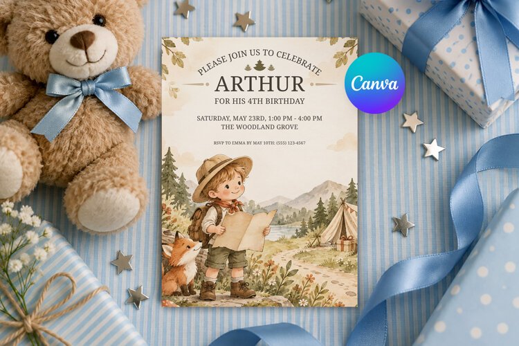 Adventure Explorer Birthday Invitation, Editable Canva example image 1