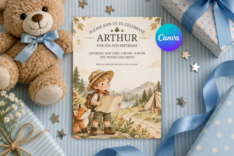 Adventure Explorer Birthday Invitation, Editable Canva