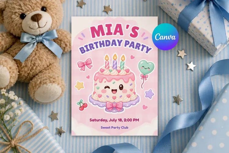 Birthday Cake Invitation Canva Template