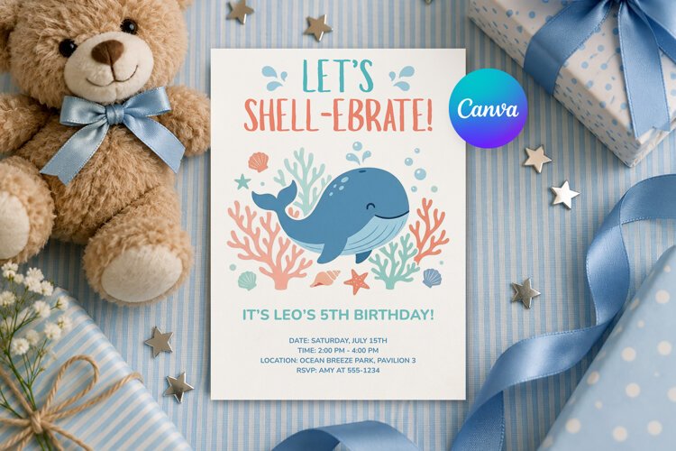 Whale Birthday Invitation Template Editable example image 1