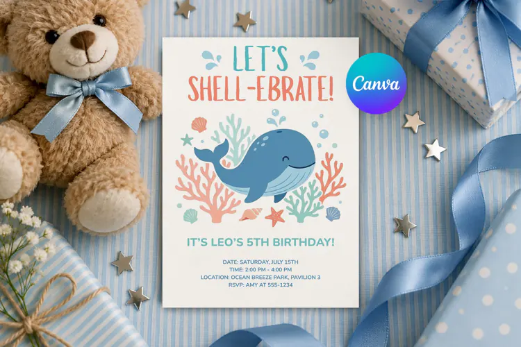 Whale Birthday Invitation Template Editable