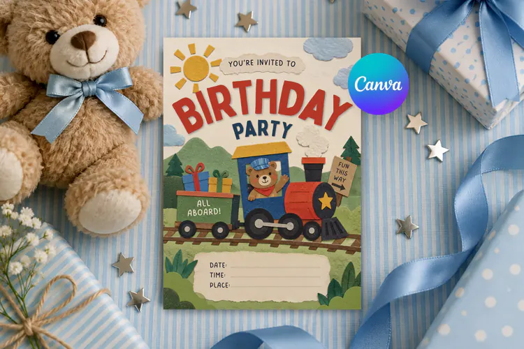 Train Birthday Invitation, Editable Canva