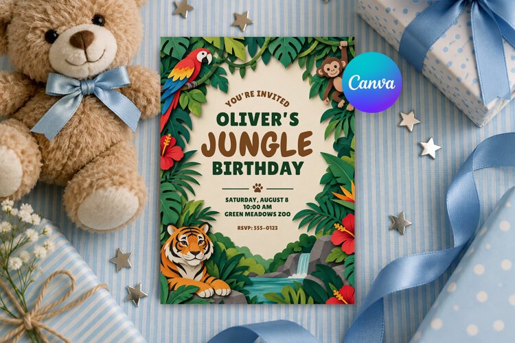 Jungle Animal Birthday Invitation Template, Editable Canva example image 1