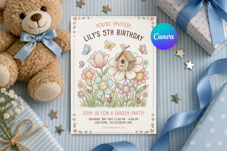 Floral Garden Birthday Invitation Template Editable