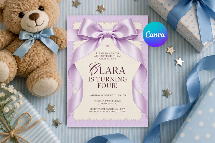 Coquette Bow Birthday Invitation Canva Template