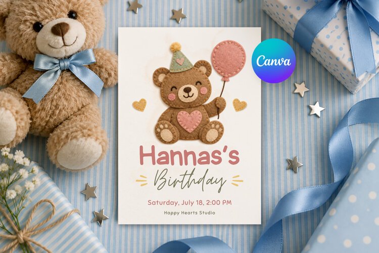 Teddy Bear Birthday Invitation Template, Felt Texture Canva example image 1