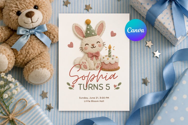 Bunny Birthday Invitation Template, Felt Texture Canva example image 1