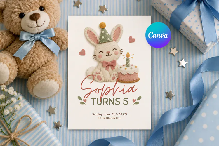 Bunny Birthday Invitation Template, Felt Texture Canva