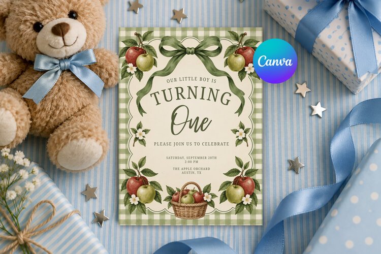 Apple Orchard Birthday Invitation Canva Template example image 1
