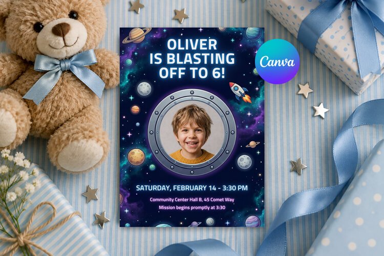 Space Birthday Invitation Canva Template example image 1