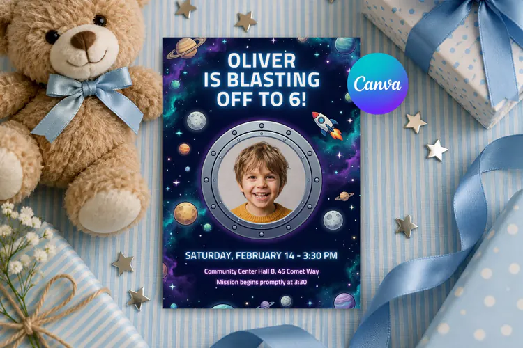 Space Birthday Invitation Canva Template