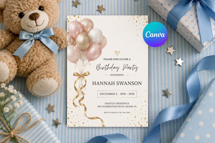 Blush Gold Balloon Birthday Invitation Canva Template example image 1