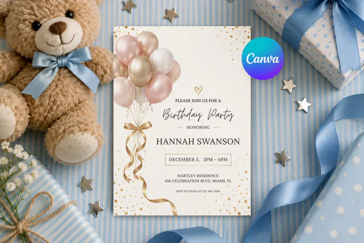 Blush Gold Balloon Birthday Invitation Canva Template