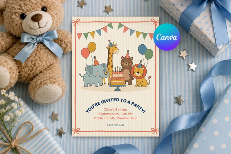 Kids Birthday Invitation Safari Animals Template example image 1