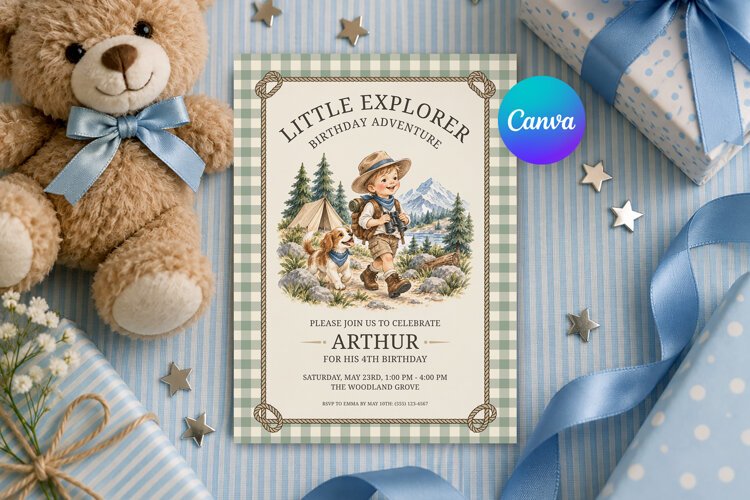 Little Explorer Birthday Invitation Canva Template example image 1