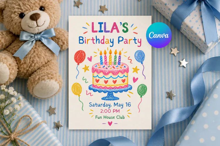 Hand Drawn Birthday Invitation, Editable Canva