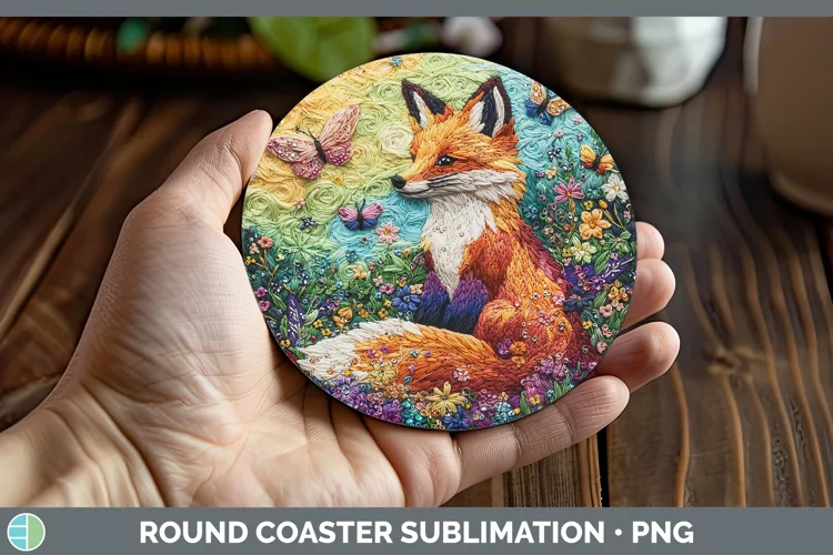 Embroider Fox Round Coaster Sublimation Coaster Designs