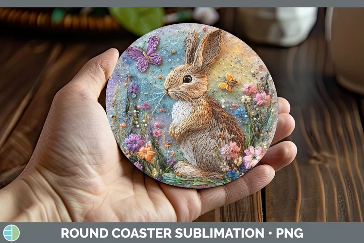 Embroider Snowshoe Hare Round Coaster Sublimation Coaster De
