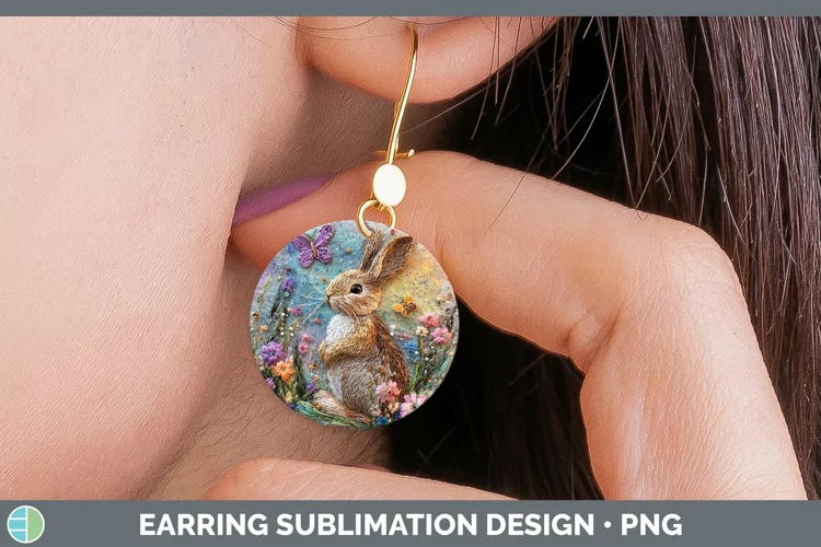Embroider Snowshoe Hare Round Earrings Sublimation Earrings