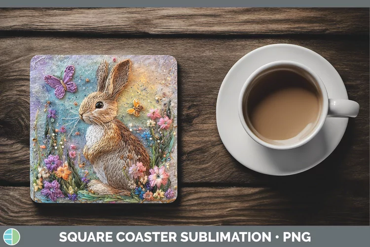 Embroider Snowshoe Hare Square Coaster Sublimation Coaster D