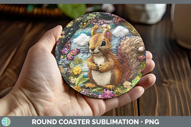 Embroider Squirrel Round Coaster Sublimation Coaster Designs
