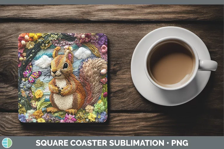 Embroider Squirrel Square Coaster Sublimation Coaster Design