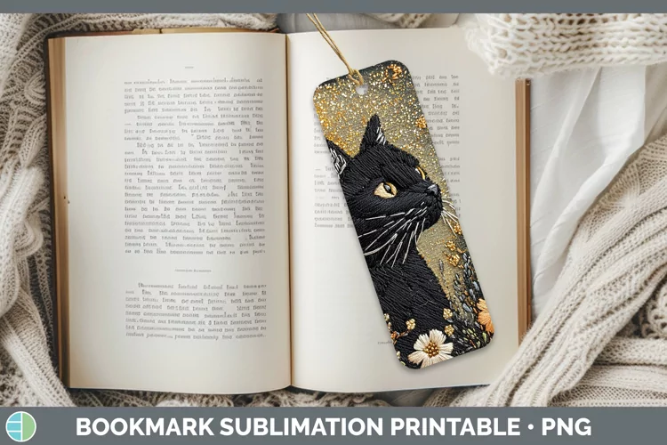 Embroidered Black Cat Bookmark Sublimation Printable Designs