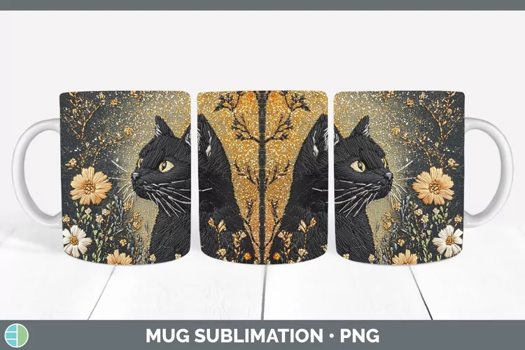 Embroidered Black Cat Mug Wrap Sublimation Coffee Cup Design